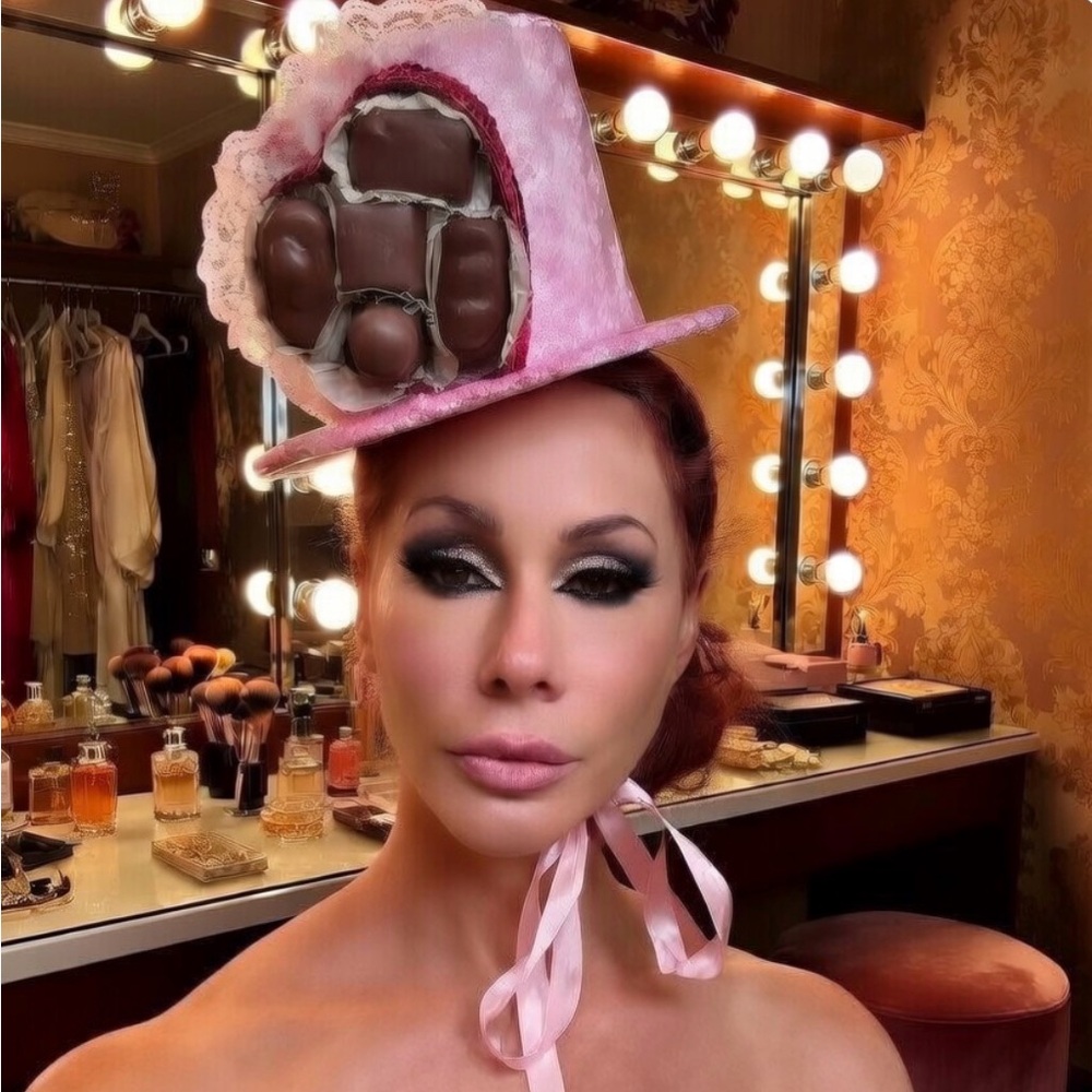 Pink Velvet Burlesque Top Hat with faux chocolates in a Heart Shape Box